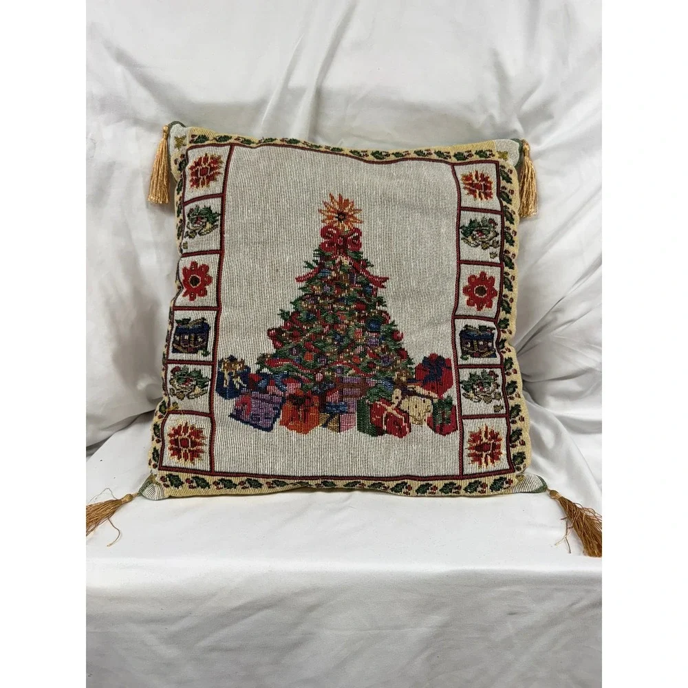 Vintage Style Woven Tapestry Christmas Tree Throw Pillow with Gold Tassels